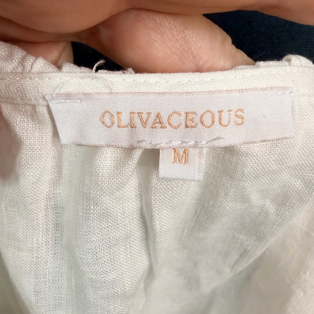 Olivaceous Cream Ruffle linen Blouse cap ruffle sleeve v neck coastal - Picture 6 of 9
